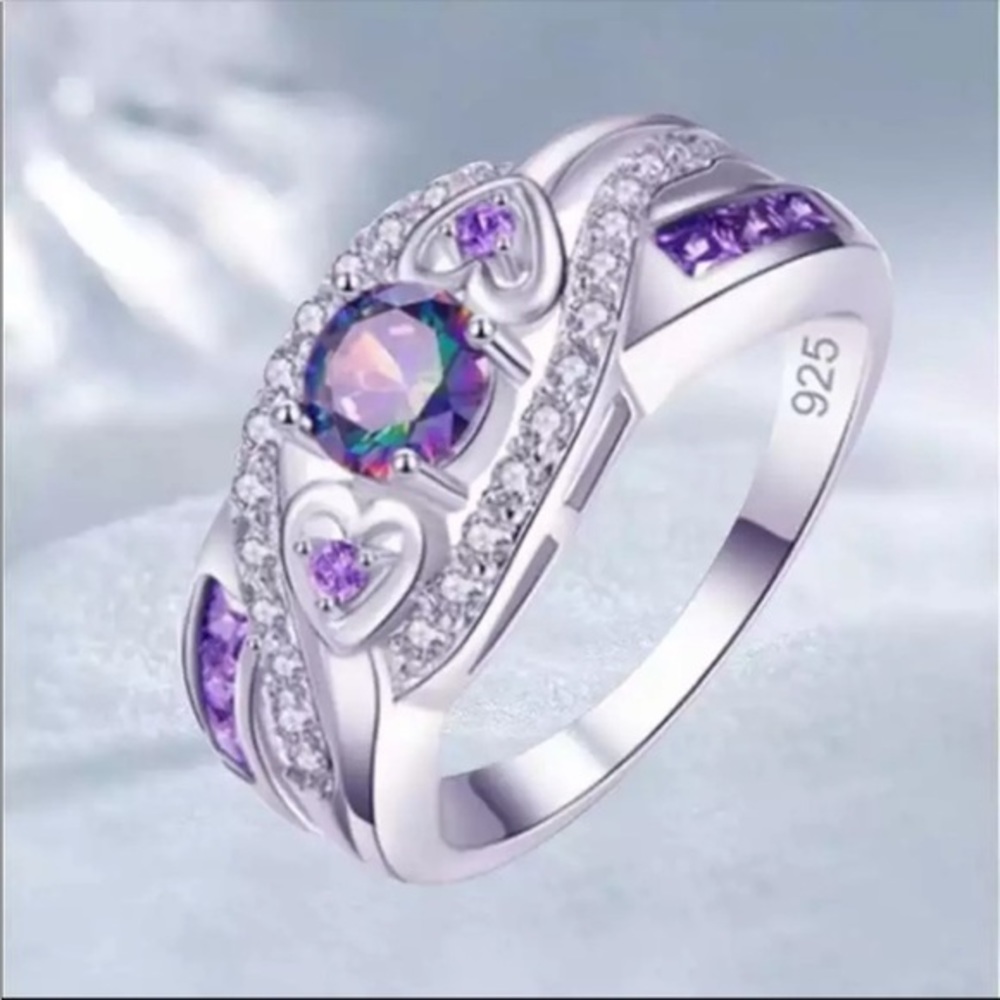 925 Sterling Silver Rainbow Topaz Solitaire with Purple Amethyst Inlay Ring - Picture 3 of 5